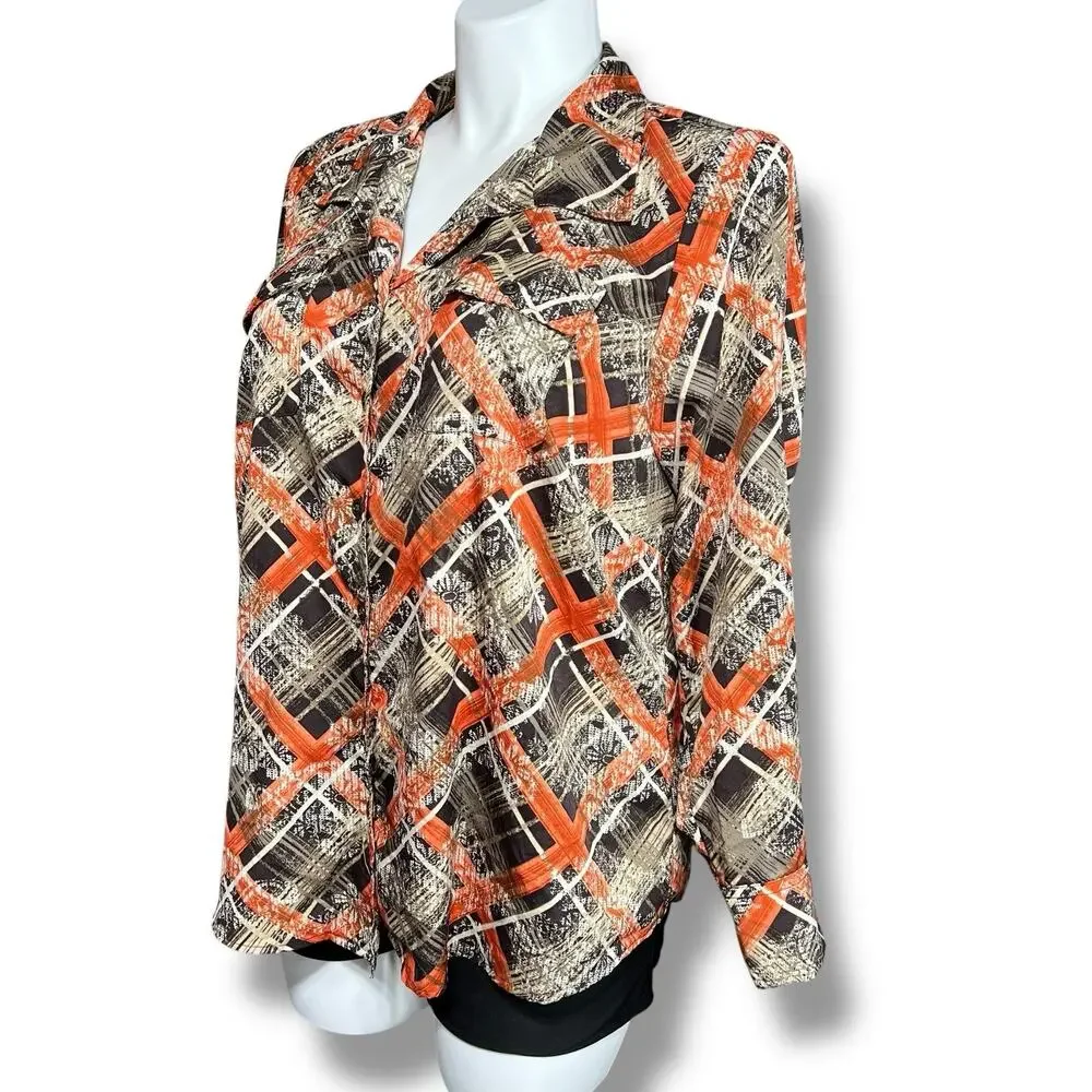 Gloria Vanderbilt Womens Button Down Blouse Western Collared Long Sleeve Orange